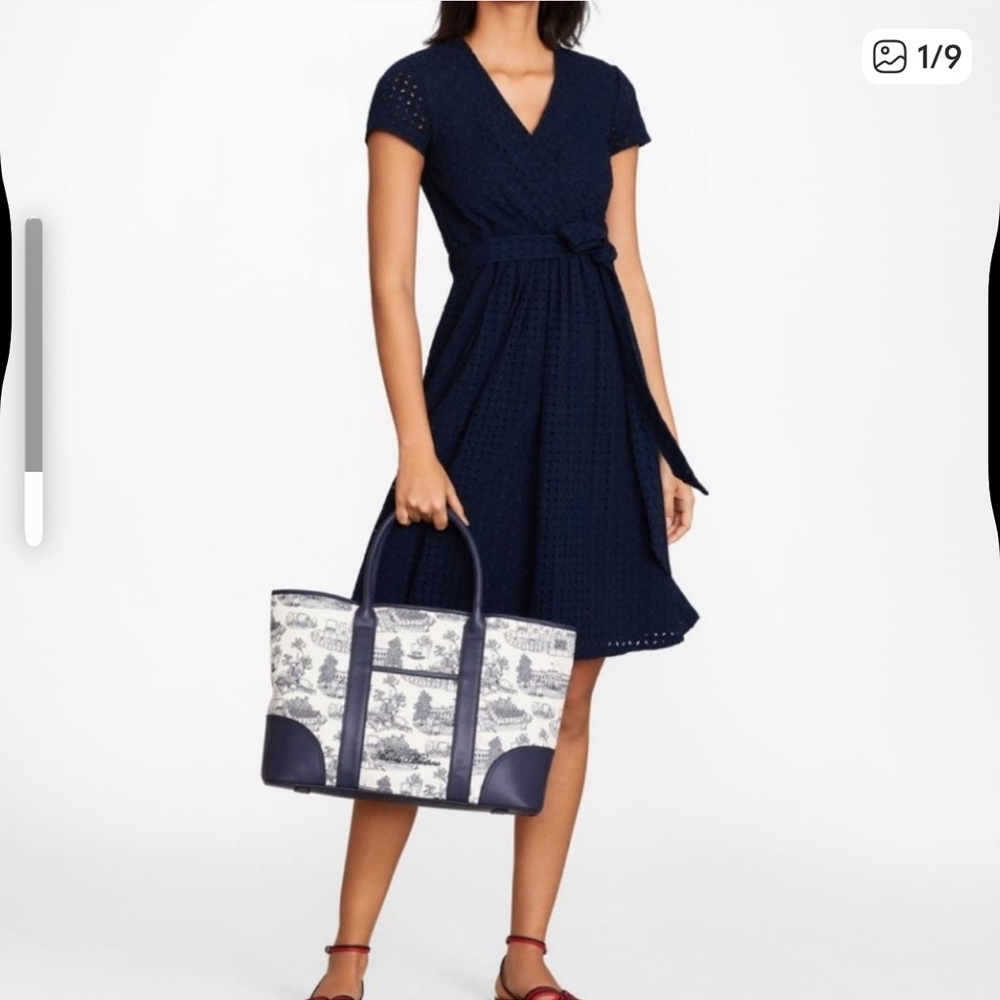 NWT Brooks Brothers Eyelet Navy Faux Wrap Dress size L